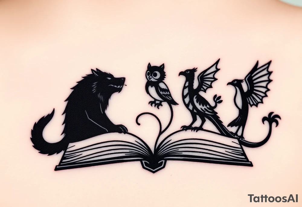 An open book with black silhouettes of a werewolf, an owl, a dragon & a phoenix coming out of the book tattoo idea