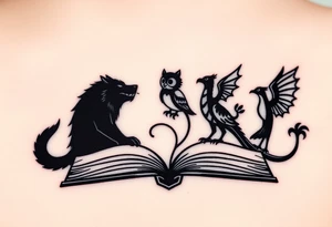 An open book with black silhouettes of a werewolf, an owl, a dragon & a phoenix coming out of the book tattoo idea