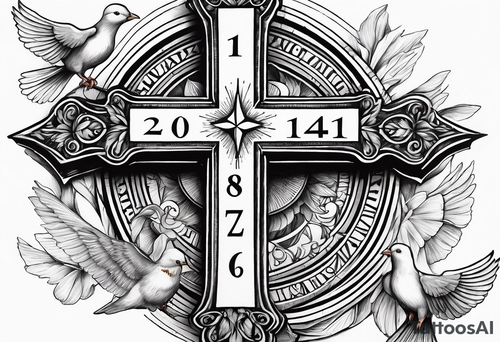 A Cross with doves in the rays of sun with the date 08/21/2024 in Roman numerals in it tattoo idea