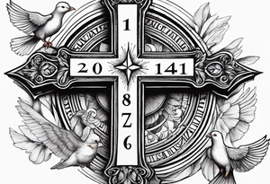 A Cross with doves in the rays of sun with the date 08/21/2024 in Roman numerals in it tattoo idea