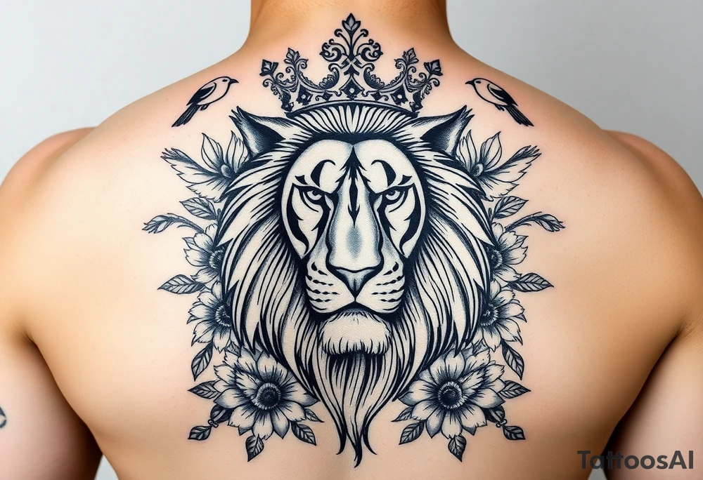 powerful majestic lion with a crown, surrounded by floral ornaments and birds tattoo idea
