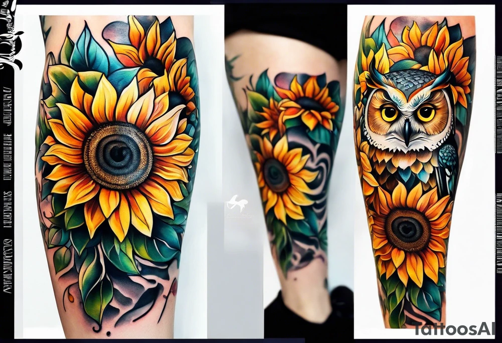 Leg sleeve with colorful sunflowers and an owl tattoo idea