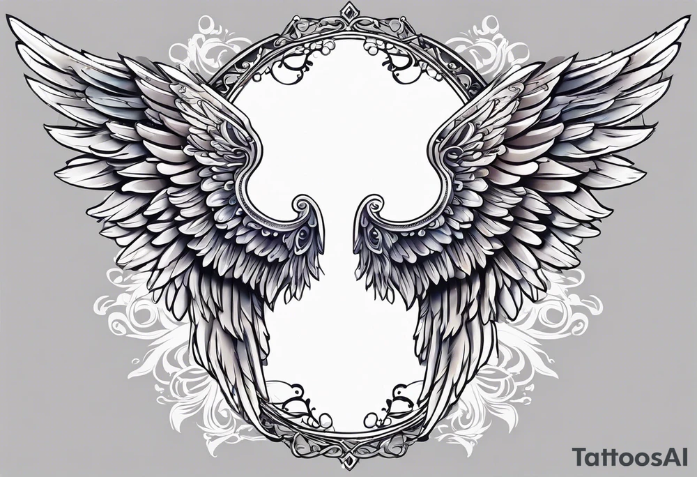 beautiful angel wings. with flilgree in the background tattoo idea