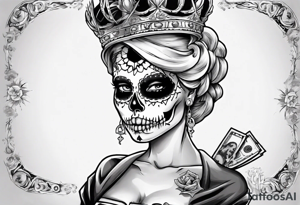santa la muerta with money and crown
on the card tattoo idea