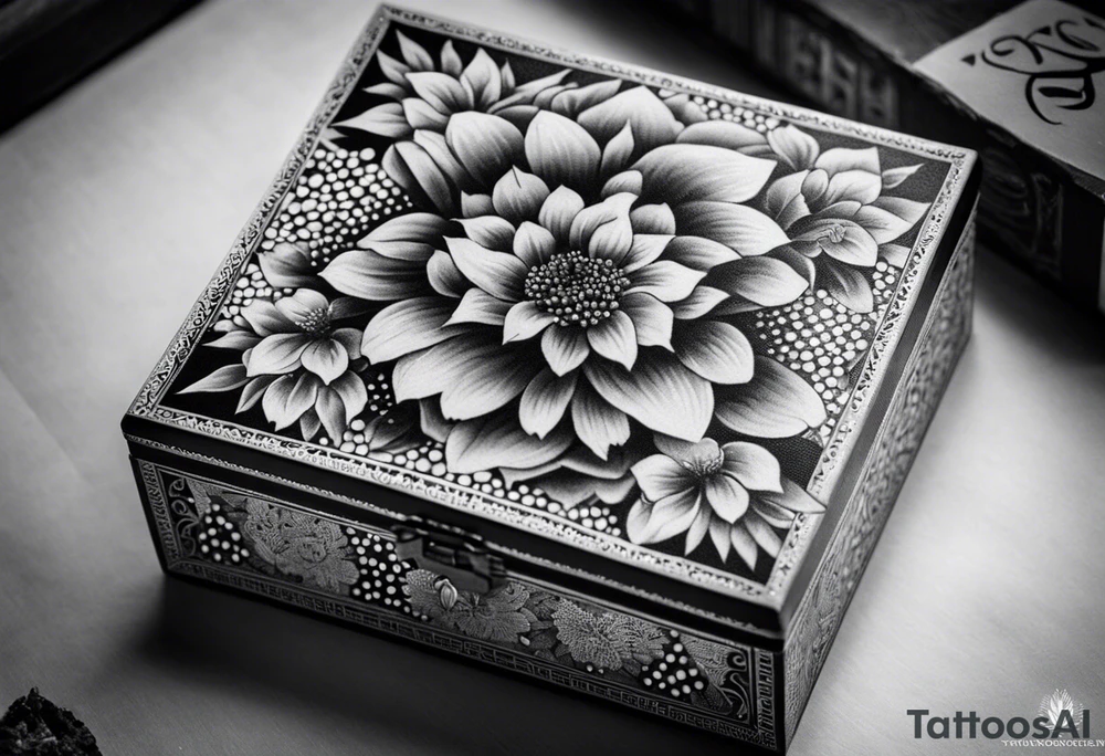 An intricate dotwork black and white tattoo of a vintage cigar box with one cigar propped up next to it.. surrounding the box is flowers tattoo idea