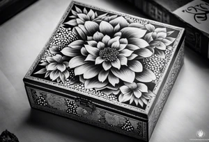 An intricate dotwork black and white tattoo of a vintage cigar box with one cigar propped up next to it.. surrounding the box is flowers tattoo idea