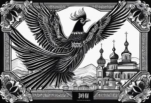 russian firebird in-flight with long fancy tail and 3 small onion cap monastery towers in background, with "Isaiah 43: 18-19" tattoo idea