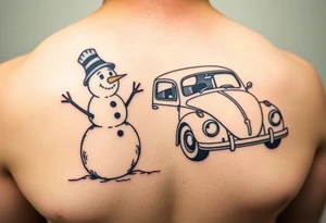 Snowman standing next to a hot rod vw beetle tattoo idea