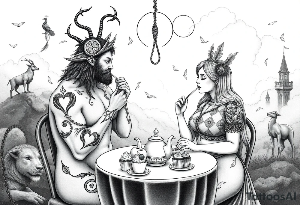 Mystical Naked Man and woman having sex eating cupcakes and  fruit  having sex clouds gothic sexy naked fat lady having a tea party with tea pot at a famcy castle  
with a pigs, peacock, noose, lion, goat, smoking cigerettes looking in the mirror thru storm clouds with razor blades and broken hearts and darkness and wrath, envy , gluttony, greed, sloth, pride kill tattoo idea