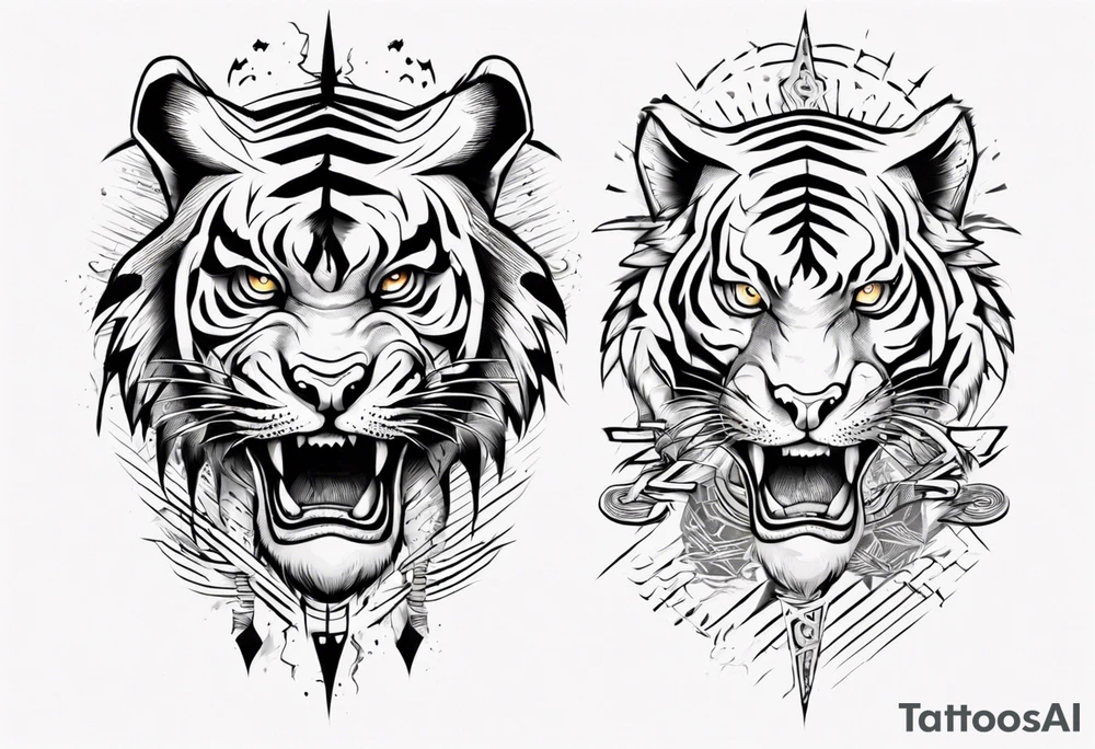 Ancient tiger with lightning and a sun for a forearm sleeve. With patterns surrounding it tattoo idea