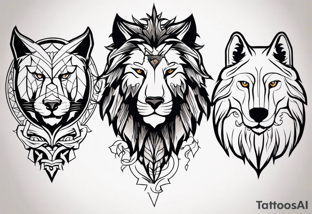 Tattoo of a Lions head, a Wolfs head, and an Eagles head tattoo idea