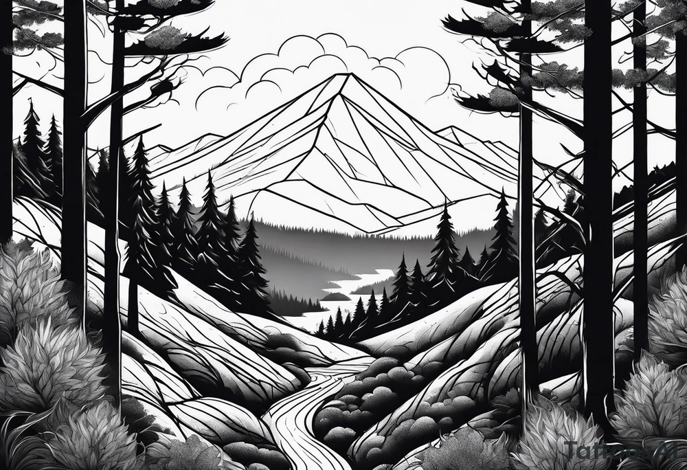 forest along the edges where there are fires below and in the distance with full trees tattoo idea