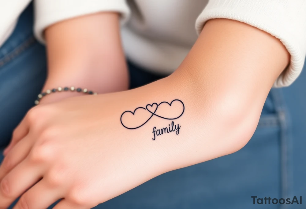 A minimalist infinity symbol with three hearts above including word "family" tattoo idea