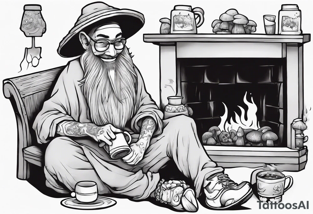 mushroom person with a long grey beard wearing a tunic and a floppy hat sitting on a bench by a fireplace drinking from a wood cup, smiling tattoo idea