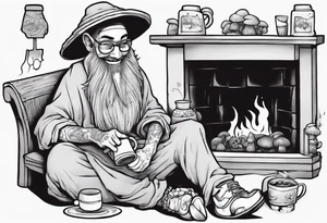 mushroom person with a long grey beard wearing a tunic and a floppy hat sitting on a bench by a fireplace drinking from a wood cup, smiling tattoo idea