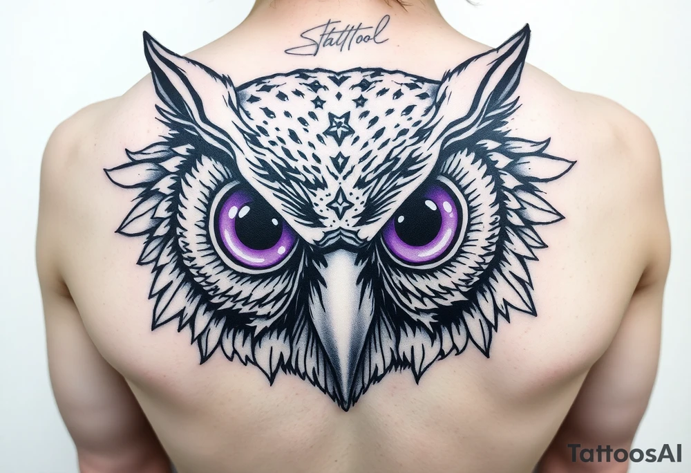 Cyber Owl head with large intense tripping purple eyes without pupils, tattoo idea