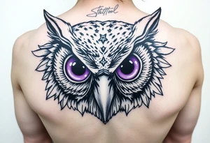 Cyber Owl head with large intense tripping purple eyes without pupils, tattoo idea
