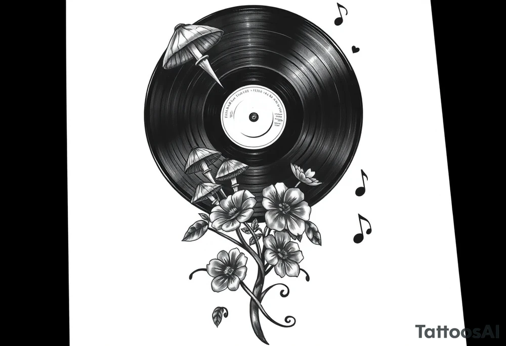 vinyl record with mushrooms, flowers, hearts, and music notes tattoo idea