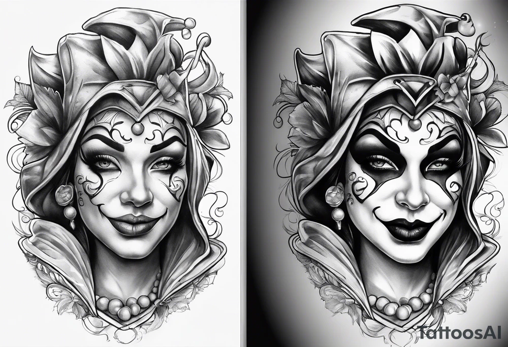 Happy and sad two face jester tattoo idea