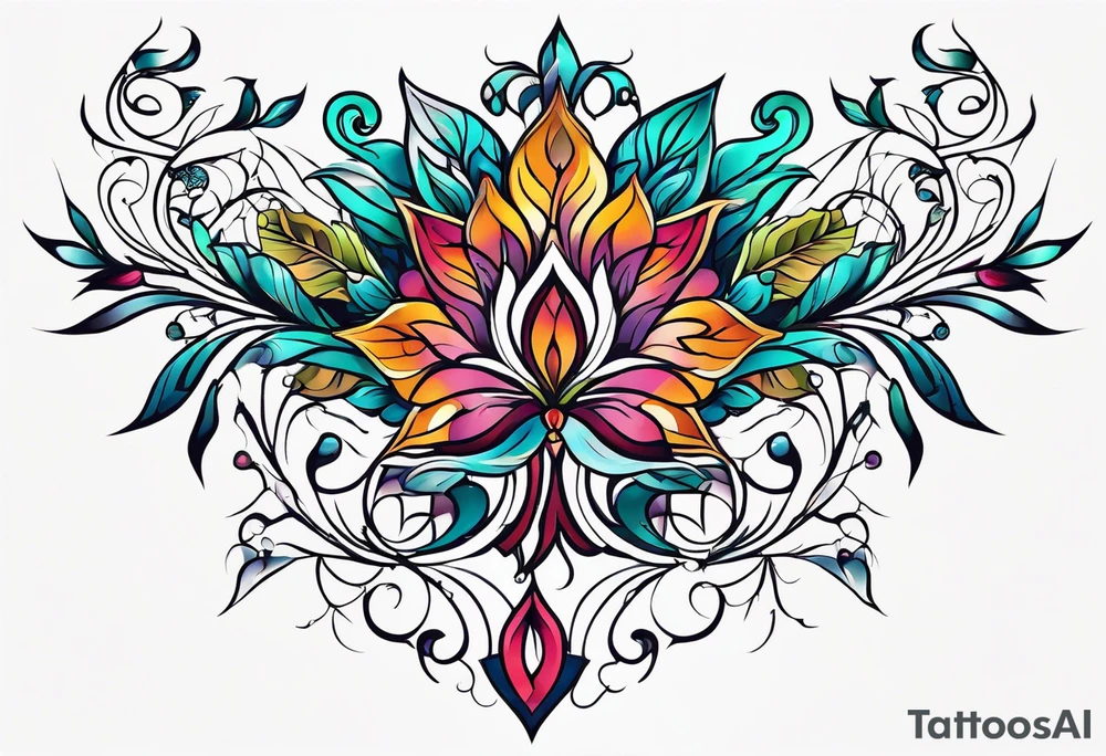 Bold geometric tapestry trident vines floral in colour on arm tattoo idea
