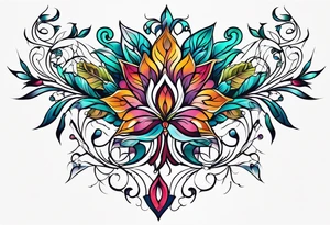 Bold geometric tapestry trident vines floral in colour on arm tattoo idea