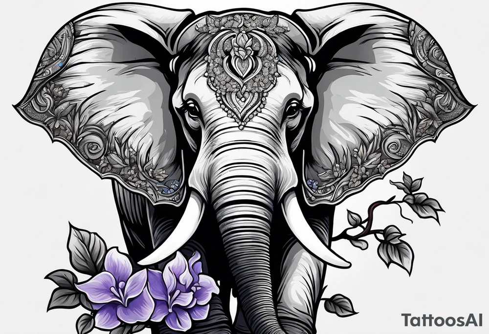 Seated elephant with raised trunk holding lilacs tattoo idea