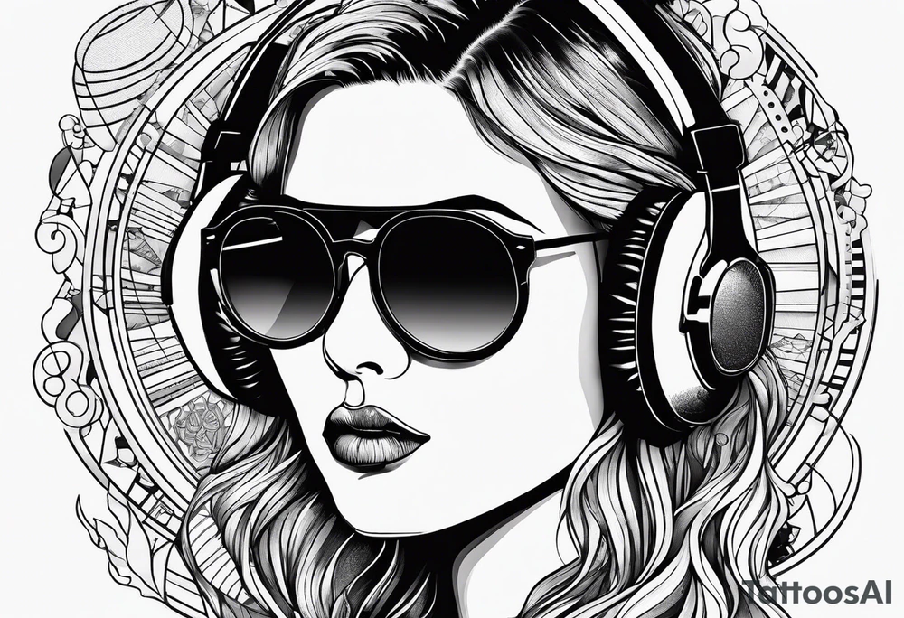 Outline sketch or me with round sunglasses and listening to a tape cassette tattoo idea