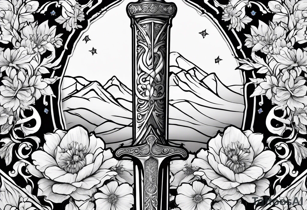 Sword with January, May and June birth flowers wrapped around it. Flowers need to be wrapped around the sword tattoo idea