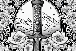 Sword with January, May and June birth flowers wrapped around it. Flowers need to be wrapped around the sword tattoo idea