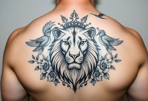 powerful majestic lion with a crown, surrounded by floral ornaments and birds tattoo idea