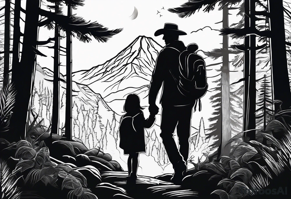 Latin inspired that incorporates being a father,  building generational wealth. Include elements of the Pacific Northwest Forrest on shoulder.
Add silhouette of son and daughter tattoo idea