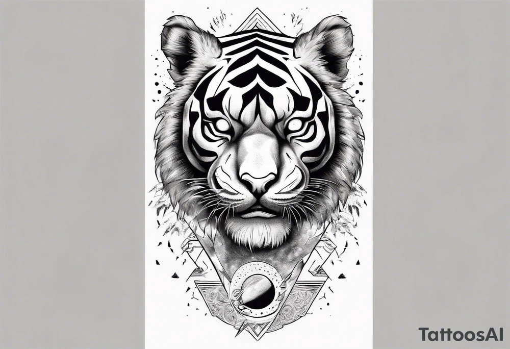 Ancient tiger with lightning and a sun for a forearm sleeve. With patterns surrounding it tattoo idea