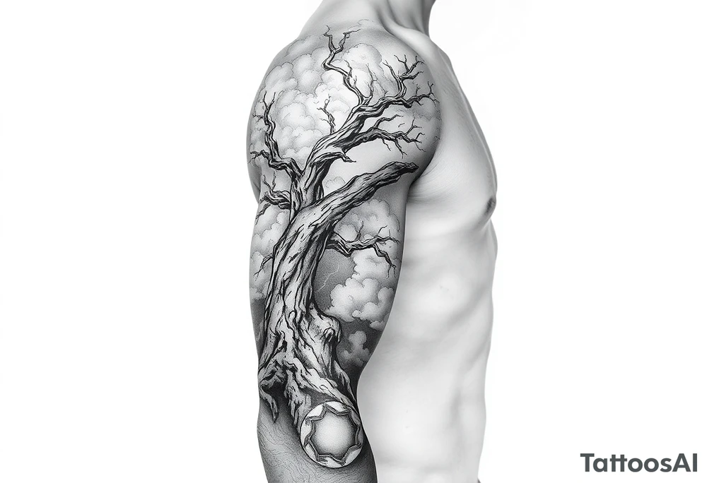 right arm sleeve, giant tree branch made of stone, clouds and lightning mixed throughout, tattoo idea