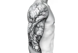 right arm sleeve, giant tree branch made of stone, clouds and lightning mixed throughout, tattoo idea