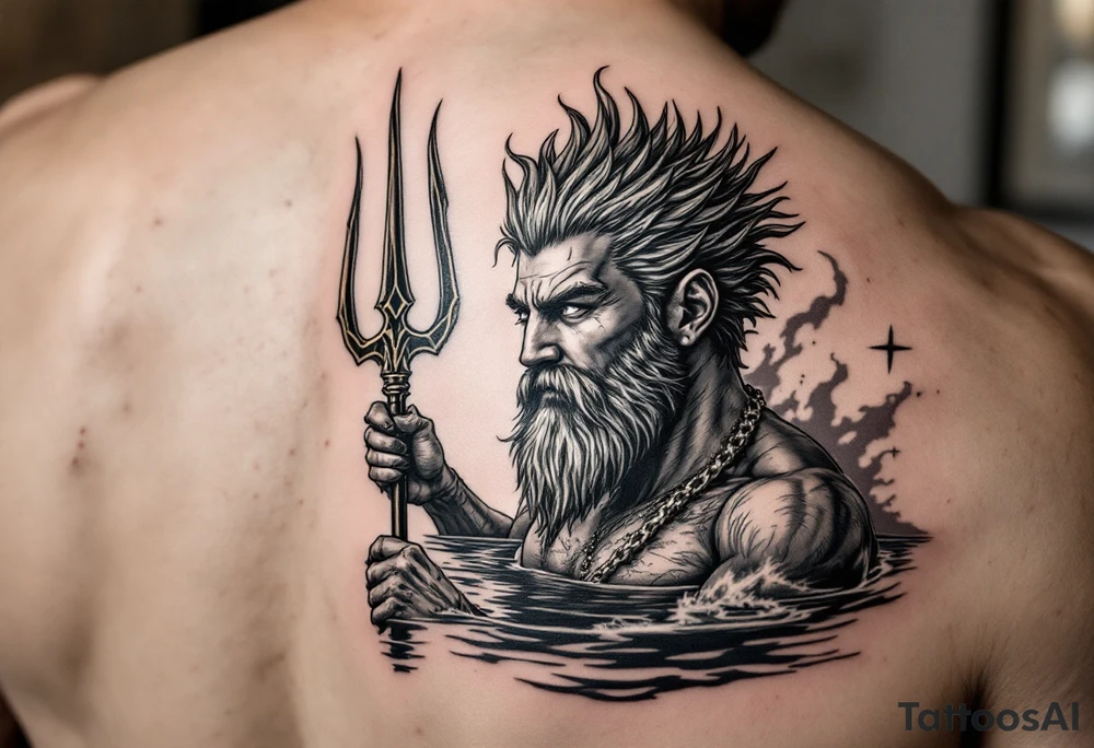 young, happy, fit, short hair, poseidon in calm water, holding a trident, drinking a beer, with sunset, with ski boat tattoo idea