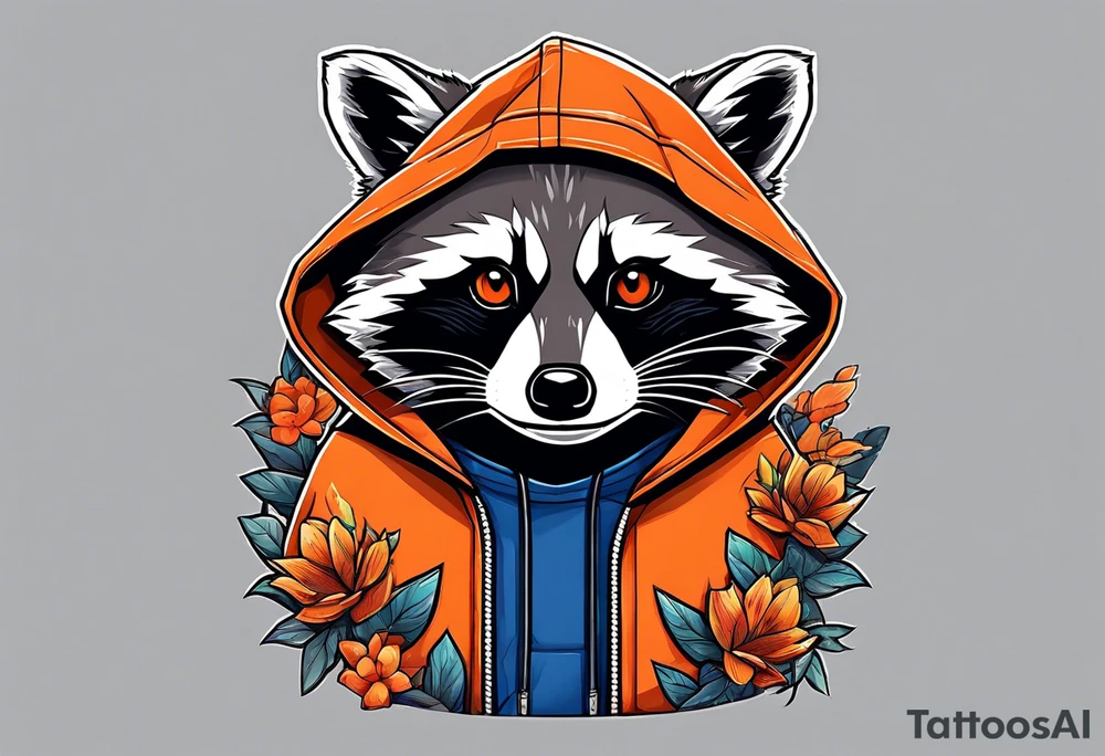 raccoon wearing a Superman hoodie with orange flowers tattoo idea