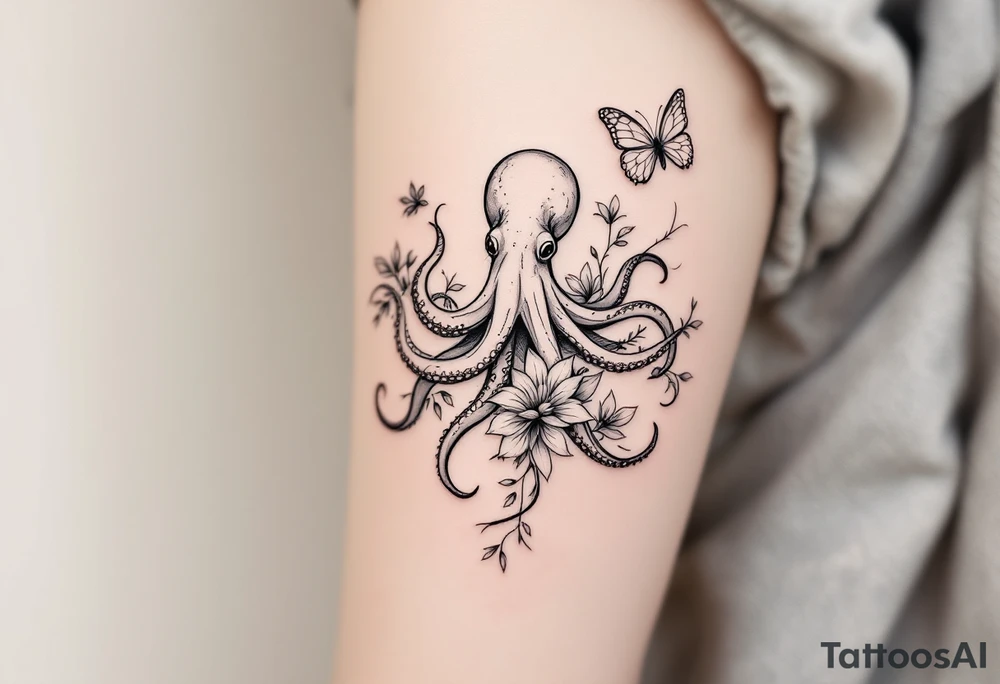 fine-line tattoo, single octopus, flowers butterflies composition, tentacles floral vines, flowing botanical tentacles, sacred geometry, overlapping blossoms body, butterfly wing body, minimalist elegant design, nature-inspired, delicate black grey lines, soft shading, no outlines, outline-free design, floral octopus, botanical sea creature, organic flow, upper arm shoulder placement, light airy feel, poetic minimalism, vine-shaped tentacles, petal tentacle flow, blossom overlapping, wing composition, delicate linework, soft botanical shading, nature creature fusion, minimalist intricacy, elegant simplicity, flowing organic movement, shoulder arm curve, lightweight design, subtle detail work, refined botanical elements, understated complexity, clean minimalist lines, gentle nature fusion tattoo idea