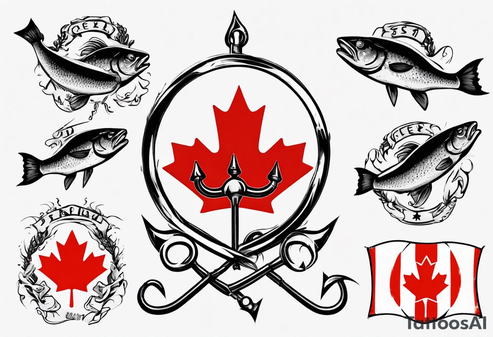 Canadian flag with crossed fish hooks tattoo idea