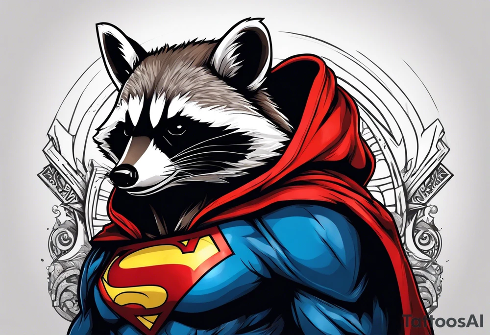 raccoon wearing a Superman hoodie tattoo idea