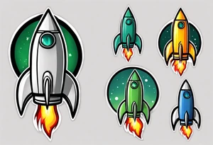 Super simple cartoon rocket ship with a round window, 3 fins, and fire coming out the bottom

Add some shading and detail to make less basic

Use only green, yellow, silver, blue. tattoo idea