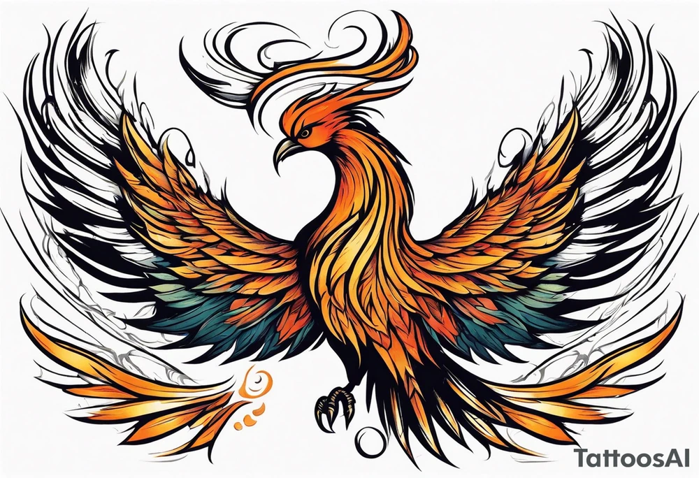 Tattoo: A powerful, majestic phoenix, depicted mid-flight or rising, with wings extended and feathers flowing. Deep shading and intricate details to bring out the texture and motion of the feathers. tattoo idea