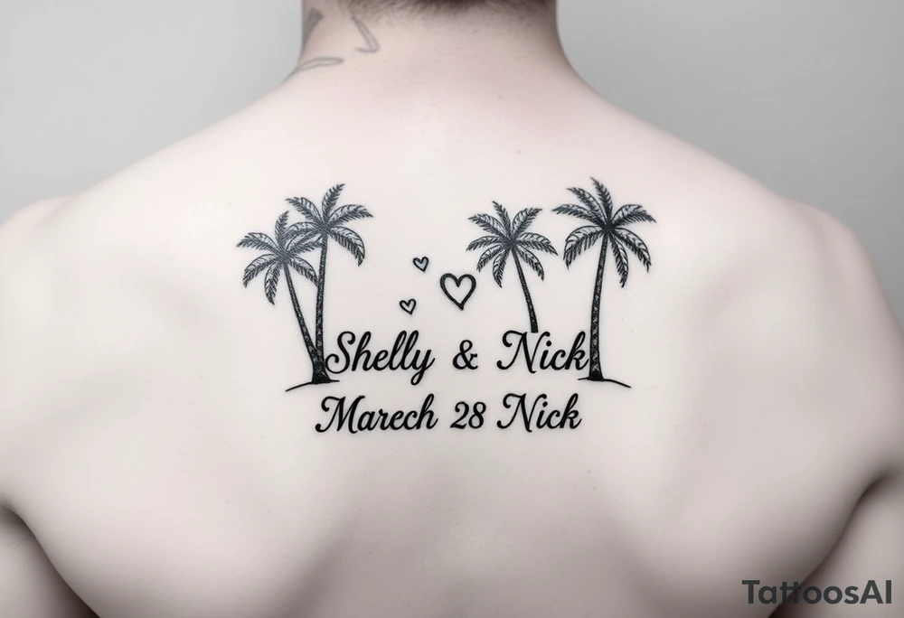 Shelly + Nick with date March 28 2025 with palm trees and hearts tattoo idea