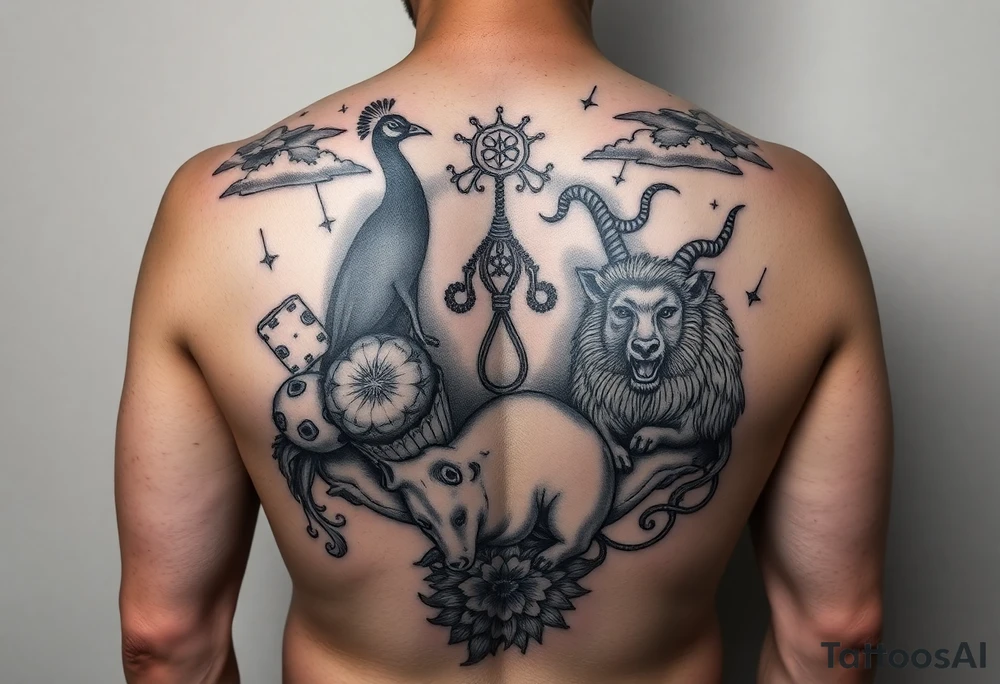 fat naked sexy woman , peacock , pig ,cakes, liquor, cigerette, Storm clouds, pig, peacock , fat sexy naked fat woman, cupcakes, noose , money, goat lion, couple having sex, cigerette storm lightening, killing, darkness death, violent majestic creatures tattoo idea