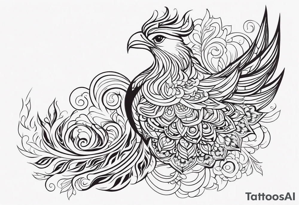 Tribal bohemian feminine impowering Phoenix rising with smoke, mandala sun, floral, lace background tattoo idea