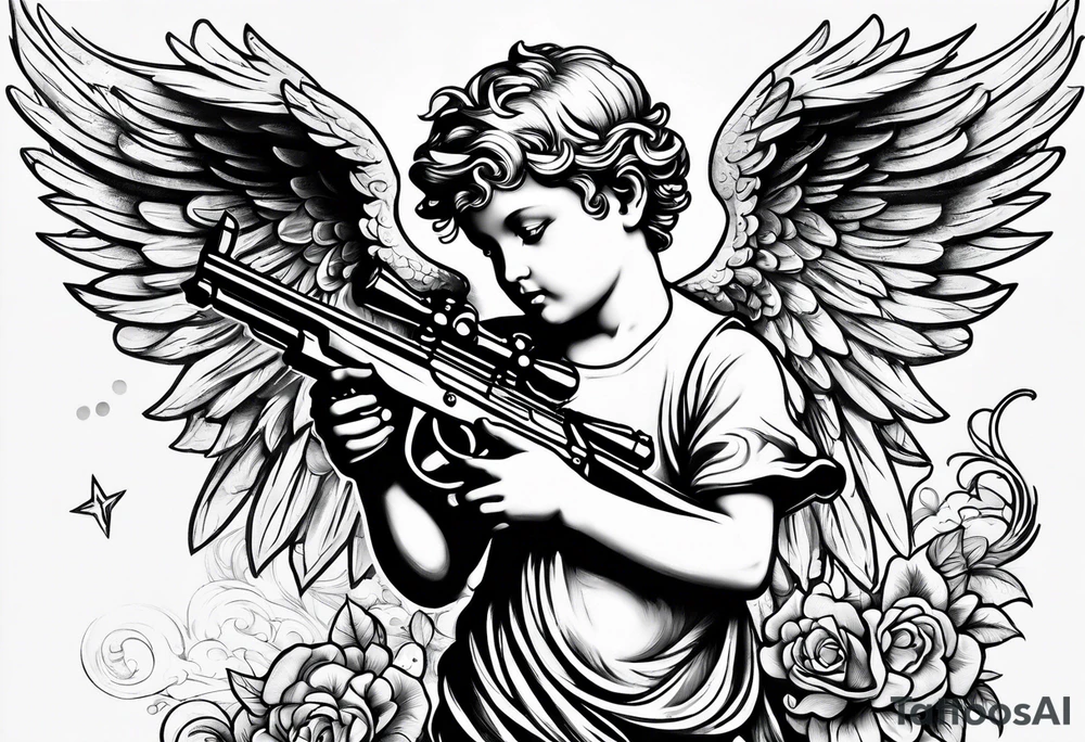 Cherub angel with a gun in the sky tattoo idea