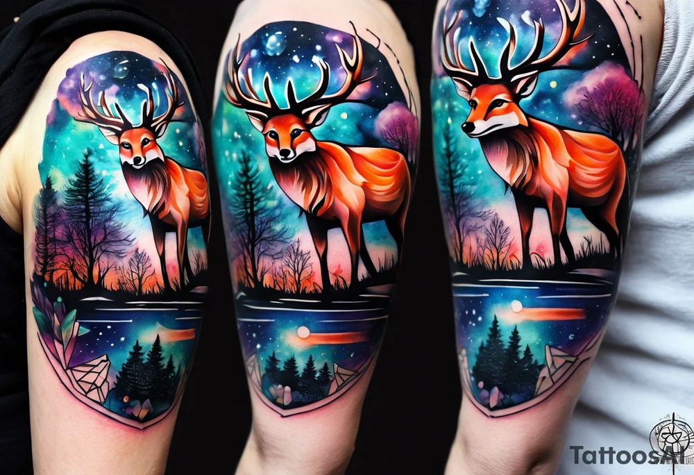 Arm tattoo featuring stag, fox and birds in canal in Amsterdam in space featuring galaxy colours and watercolour tattoo idea