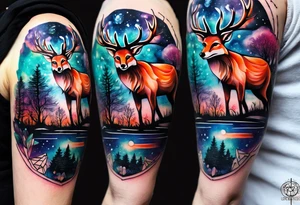 Arm tattoo featuring stag, fox and birds in canal in Amsterdam in space featuring galaxy colours and watercolour tattoo idea