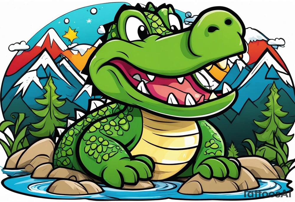 Cartoon alligator lost in the mountains tattoo idea