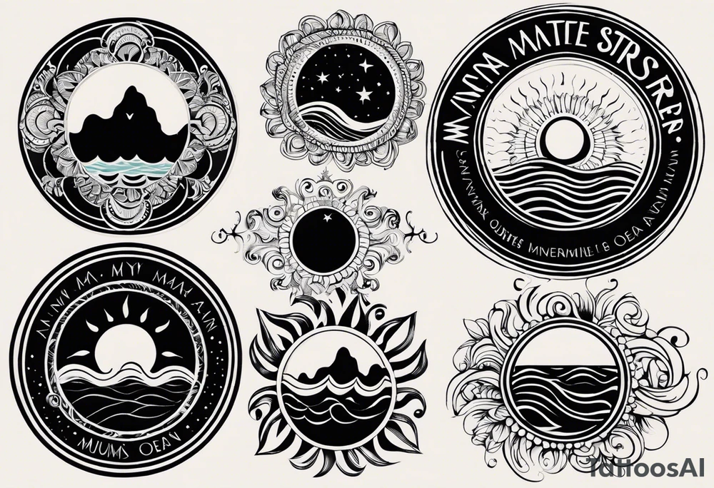 my sister's name Nėja and my mum's name Jūratė, I want to make a tattoo for them, I want to illustrate my sister as sun and my mum as ocean (wave or sea). My sister is very happy and always sunshine, my mum is strong and loves ocean. Made it in a circle. sun should radiate happy energy, ocean strong energy tattoo idea
