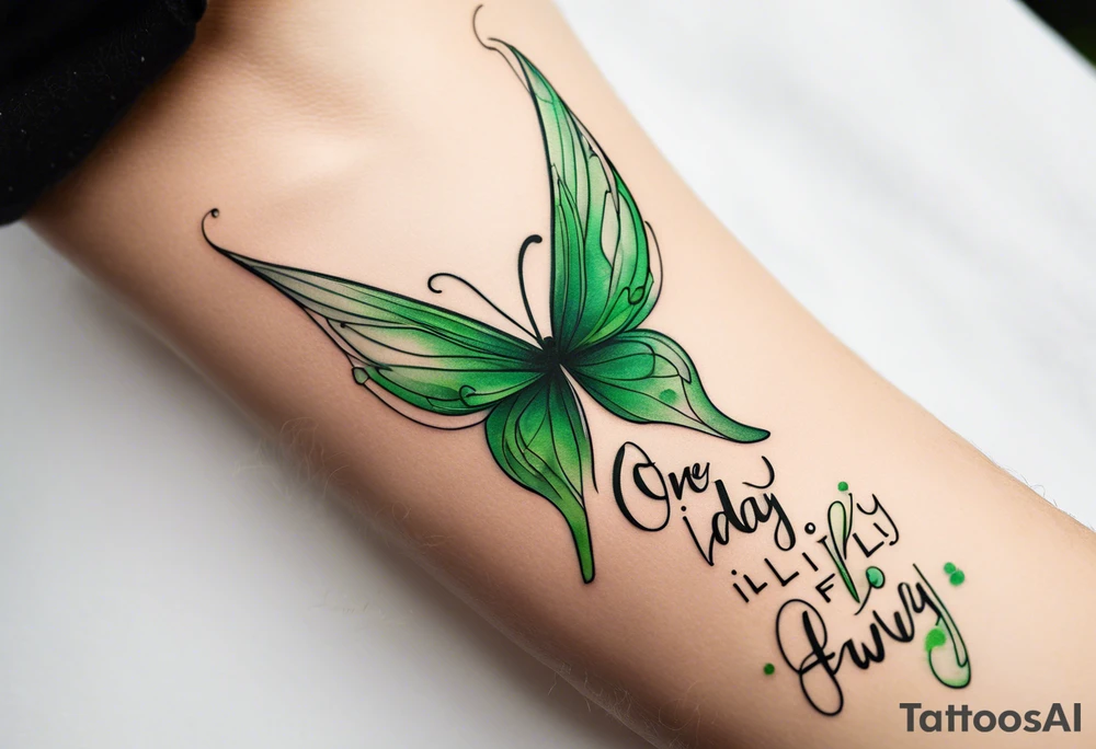 Green fairy wings with text “one day I’ll fly away” tattoo idea